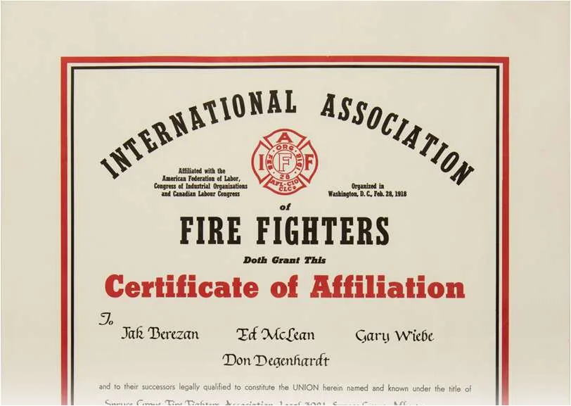 The original IAFF Certificate of Affiliation naming Jak Berezan, Ed McLean, Gary Wiebe, and Don Degenhardt